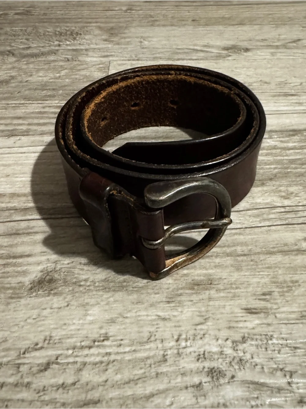 Classic Women's Brown Leather Belt with Distressed Silver Buckle